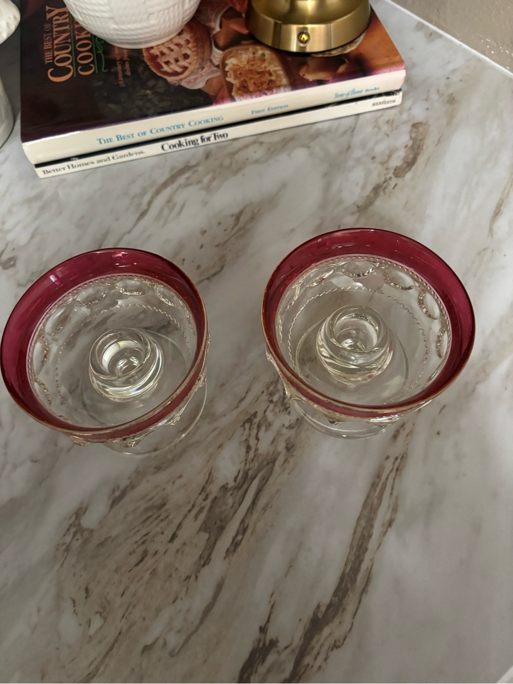 Pair of Clear Glass Candle Holders with Pink Rims